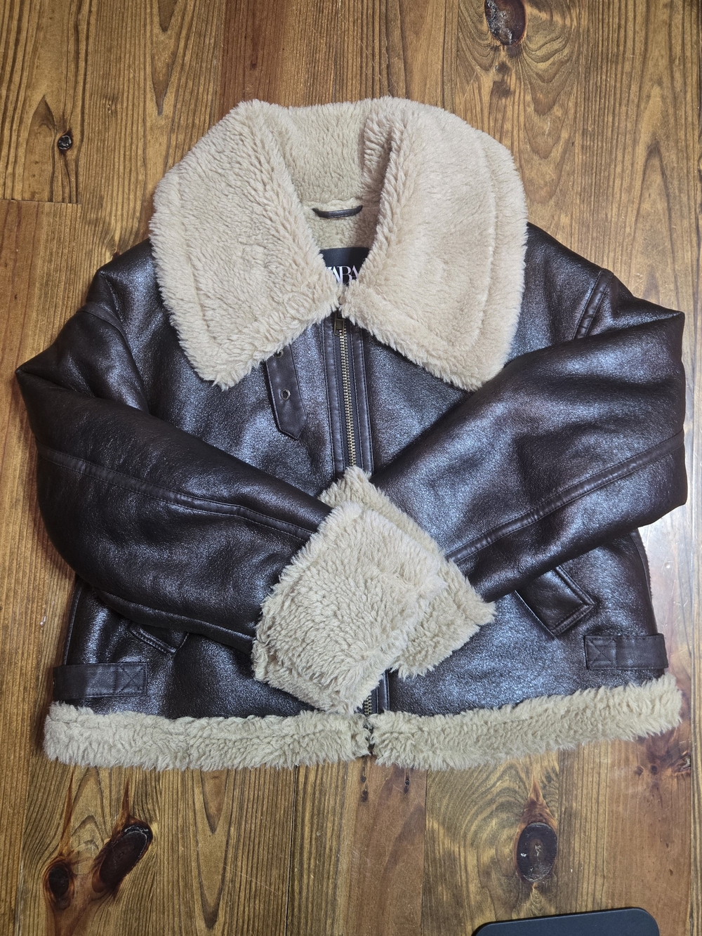Zara Brown Faux Leather Bomber Jacket with Cream Sherpa Trim